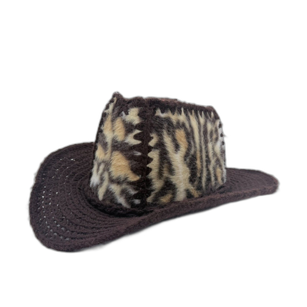 Vtg Crochet Cowboy Hat Leopard Print Western Brown Handmade Granny Made